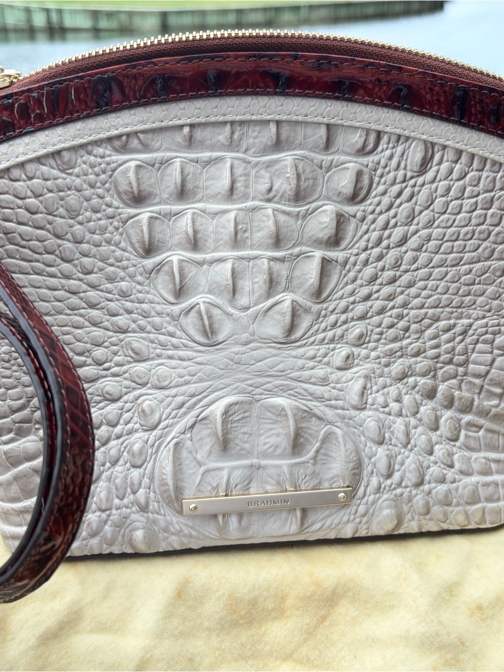 Brahmin Ivory Croc-Embossed Leather Clutch with Brown Trim